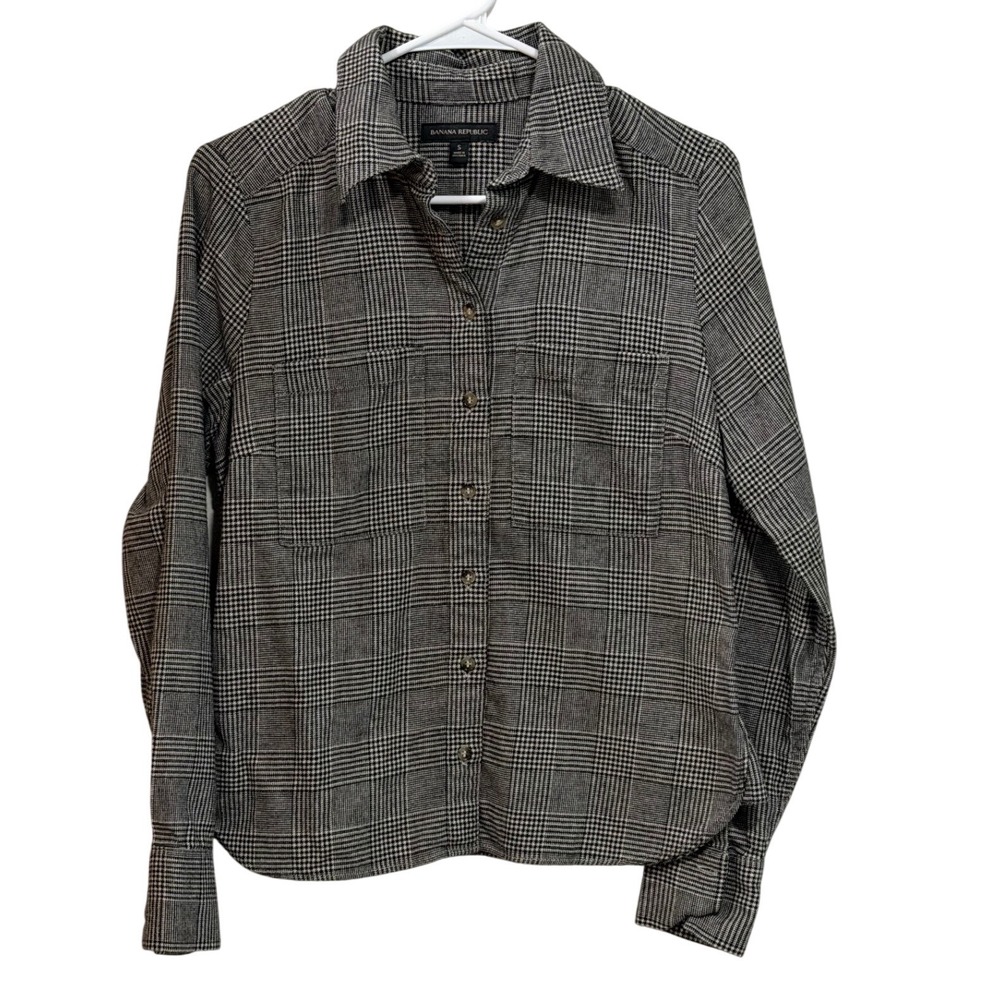 Banana Republic Women Small Black White Houndstooth Plaid Cotton Button Down
